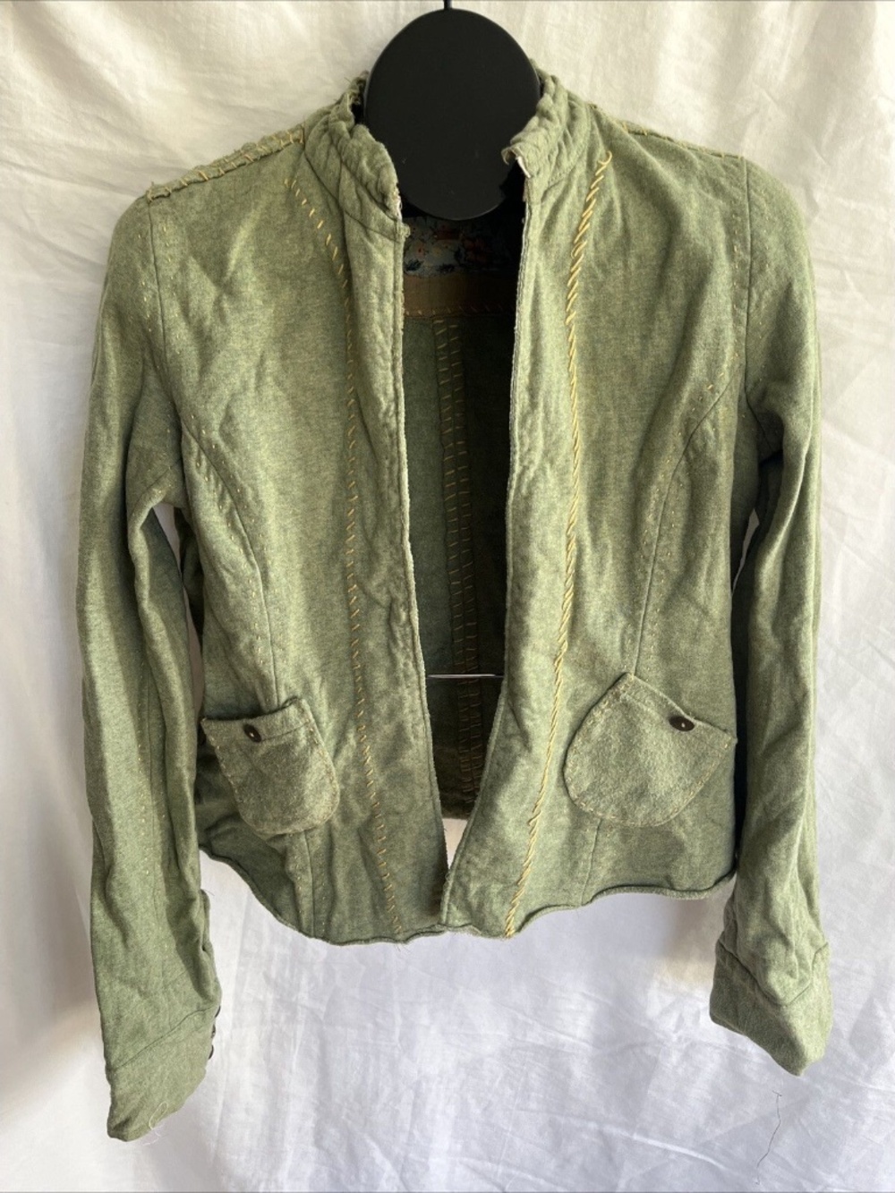 FREE PEOPLE Green Patchwork Open Jacket Cotton Size Small Embroidered